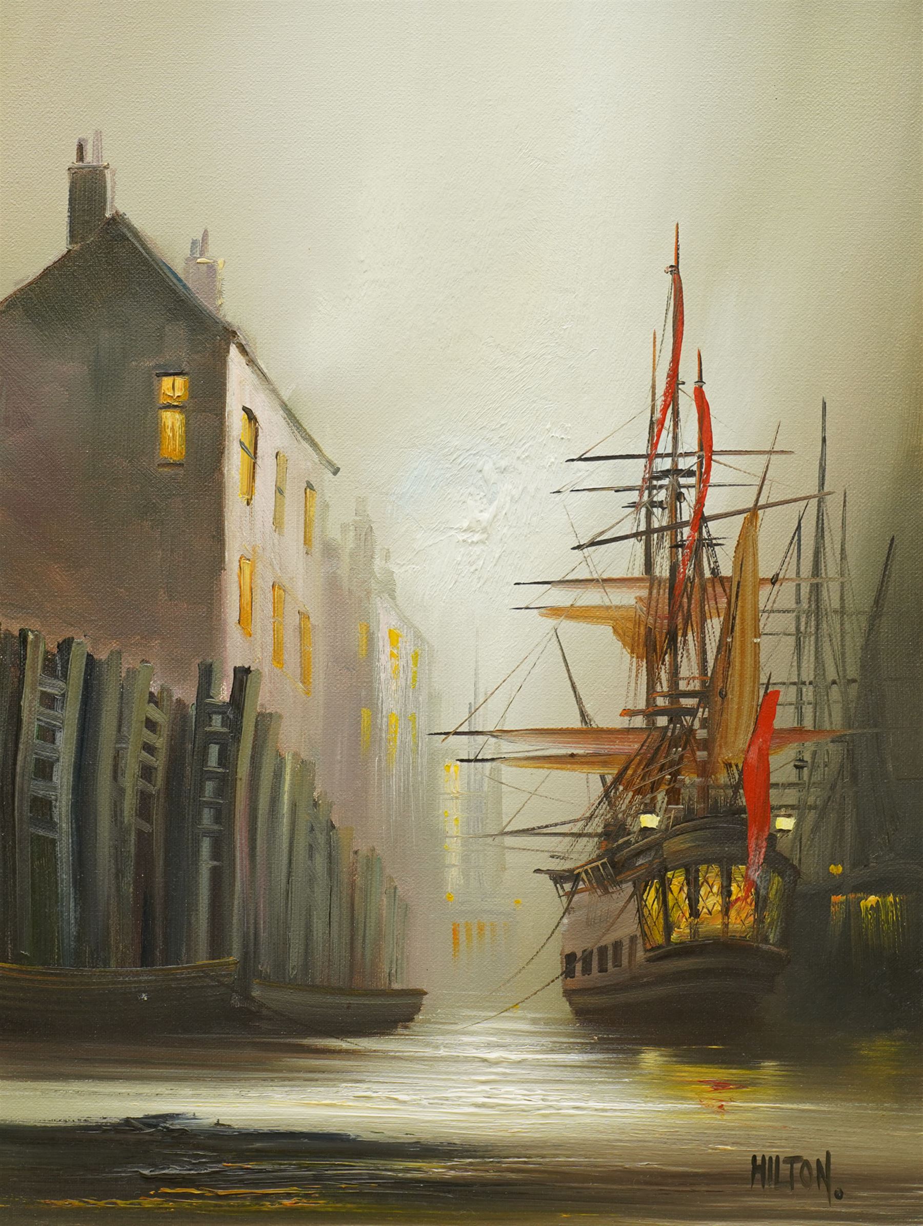 Barry Hilton (British 1941-): Ship in Moonlight, oil on canvas signed 40cm x 30cm