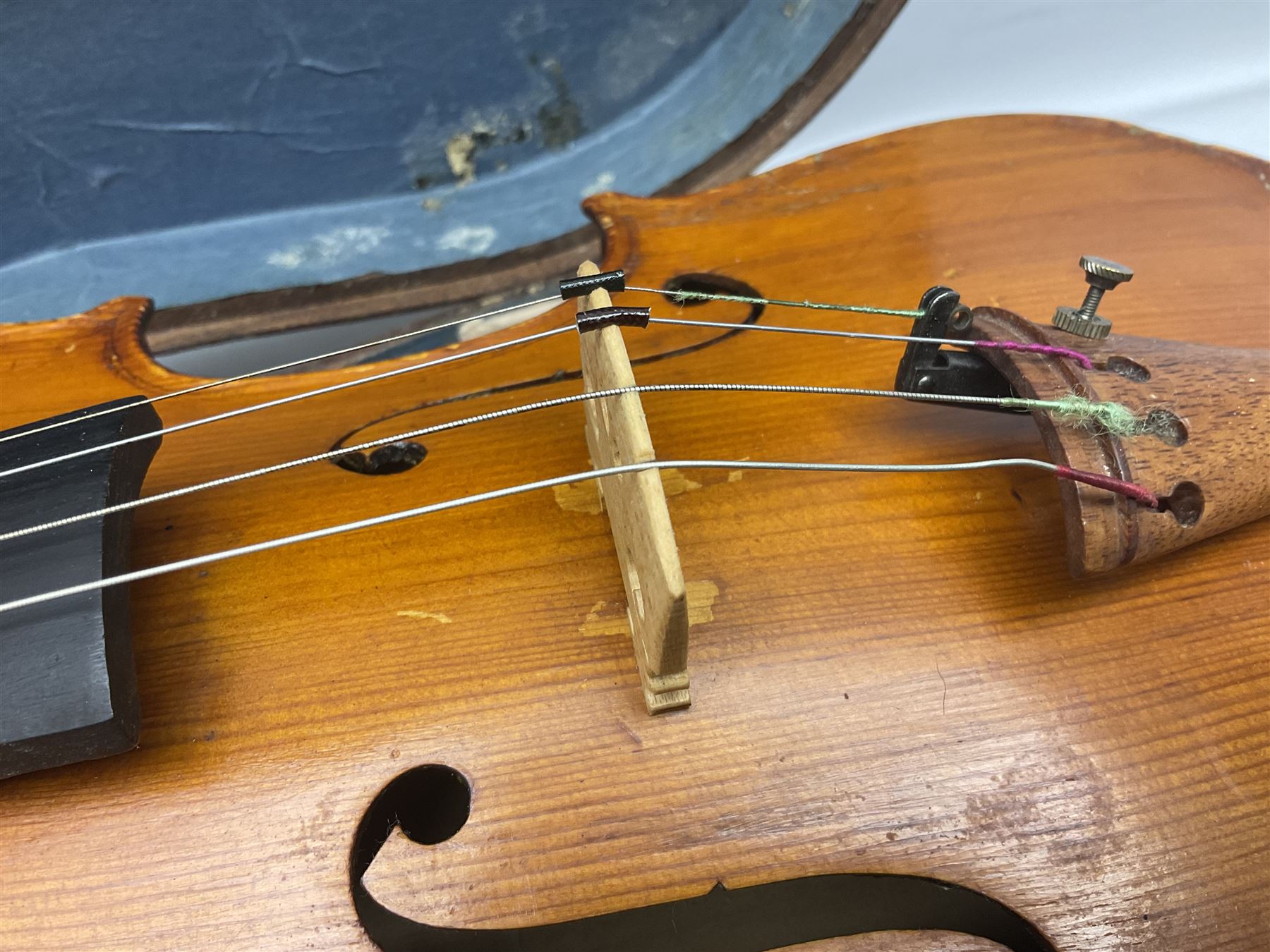 20th century French violin with 36cm one-piece maple back and ribs and spruce top L59cm overall; in mahogany stained wooden carrying case
