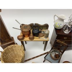 Collection of miniature dolls house furniture and accessories, to include long case clock, chest of drawers, tiled wash stand, ceramics and glass ware, mirror, baskets, etc 