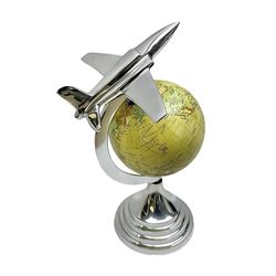 Art Deco style world globe with chrome aeroplane finial and mounts, H31cm