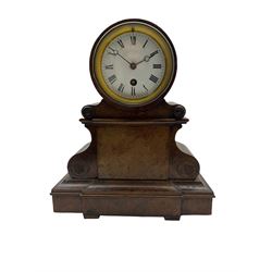 A 19th century 8-day  French timepiece clock in a walnut veneered drumhead case, with a white enamel dial, Roman numerals and minute , steel moon hands within a glazed brass bezel. No pendulum or Key.   
H30 W25 D10
With a late 19th century French officers campaign clock striking the hours and half hours on a bell, in an ebonised case with contrasting satinwood inlay to the front and sides, with a cast brass carrying handle, eight-day countwheel movement with a platform lever escapement, replacement dial with Roman numerals and minute track, hands missing.
No Key
H22 W14 D12
