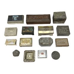 Collection of 20th century and later Japanese metal cigarette boxes to include examples highly decorated in relief, together with other metal and wood boxes ornately decorated etc (15)