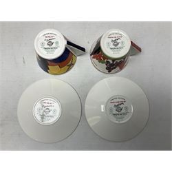 Wedgwood limited edition Clarice Cliff Design Taking Tea collection, comprising eight cups and saucers Honolulu, Apples, Gibraltar, Lilac Crocus, Trees and House, Coral Firs, Devon, and Sunray, with certificates of authenticity 