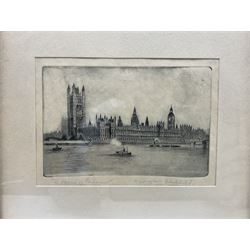 Walter Edwin Law (British 1865-1942): 'The Houses of Parliament' and 'The Tower' of London, pair etchings signed 'Exhibitor RA' and titled in pencil 12cm x 17cm (2)