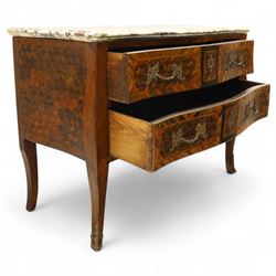 Late 18th-century Louis XV kingwood marquetry commode, rectangular top with original serpentine Breche marble top, above two long crossbanded drawers with rococo style gilt bronze handles and escutcheons in marquetry framed panel in various woods, shaped and centered apron with gilt bronze foliate mounts, sides and drawer fronts with cube geometric marquetry design, on slender cabriole legs with gilt bronze sabots  