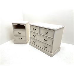 White finish small chest fitted with two short and two long drawers (W87cm, D44cm H69cm), along with matching bedside chest fitted with two drawers (W46cm, D44cm, H69cm)