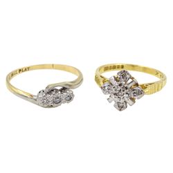 Gold diamond chip cluster ring and a gold three stone diamond chip ring, both 18ct, stamped or hallmarked