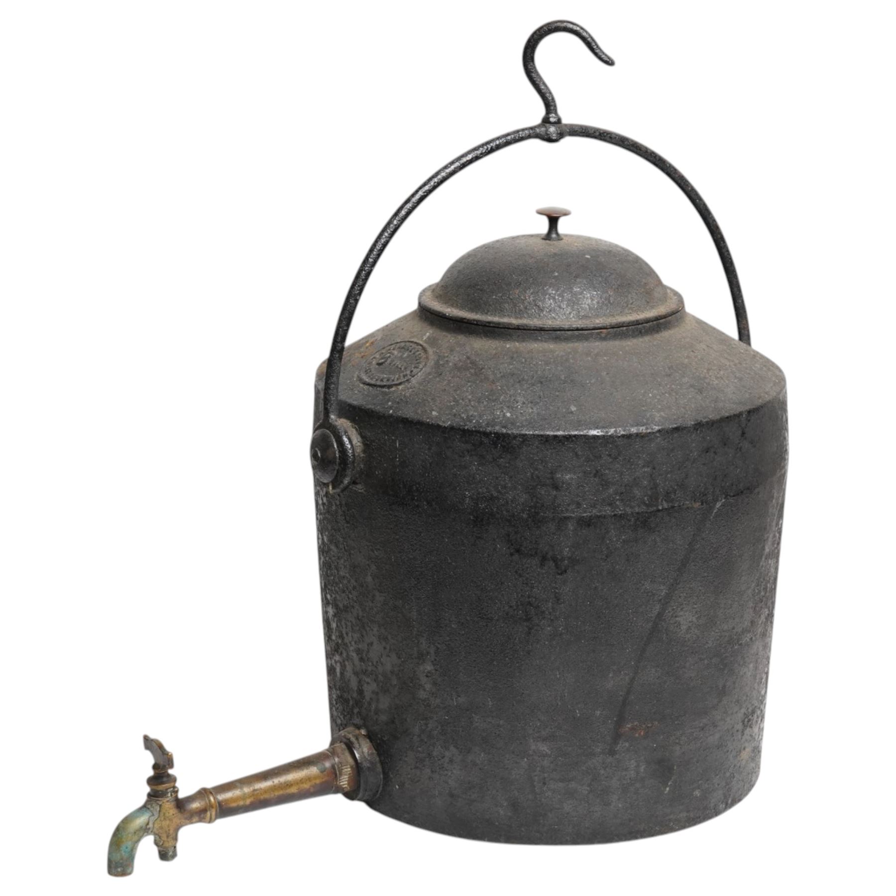 Kendrick & son (West Bromwich) -  8 gallon cast iron pot, with hook to handle and brass tap
