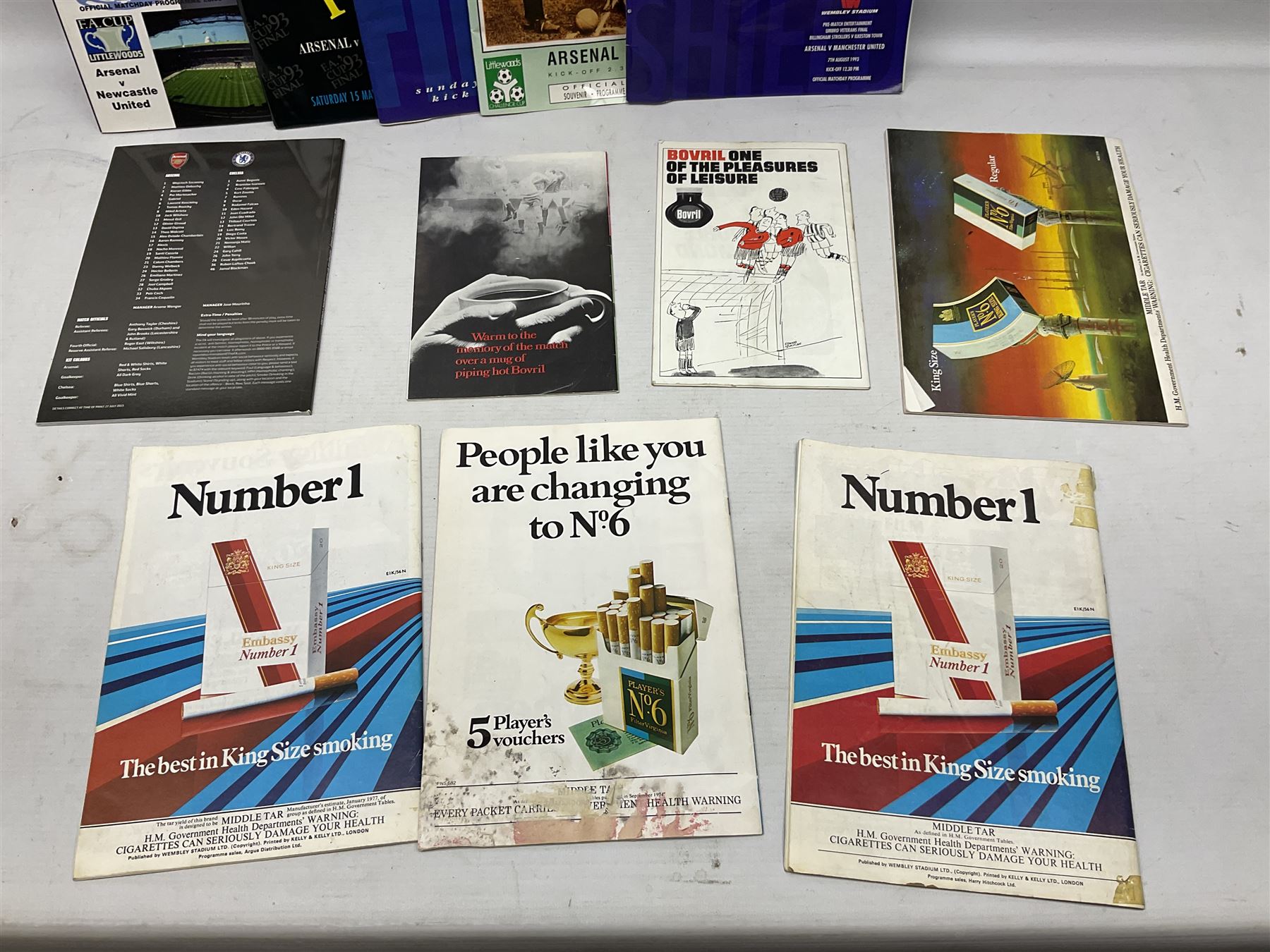 Twelve F.A. Cup Final programmes at Wembley - 1961, 1963, 1964, 1966, 1968, 1969, 1975, 1978, 1979, 1980, 1993 & 1998; F.A. Cup Semi-Final programme 1991 Arsenal v Tottenham Hotspur; three League Cup Final programmes 1967/69/88; and two F.A. Charity/Community Shield programmes 1993/2015 (18)