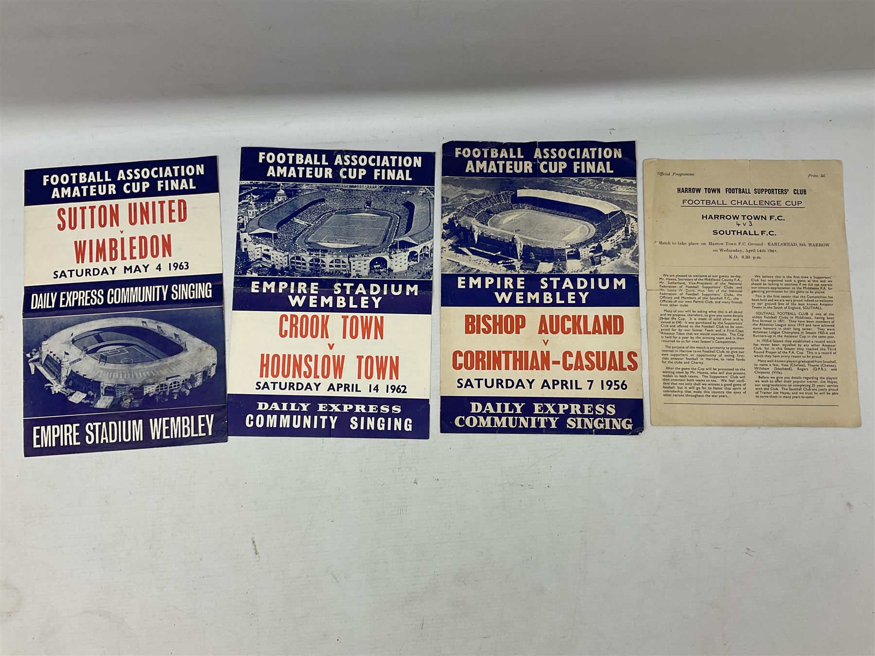 Football programmes - thirteen various England and England Youth matches 1953-77; European Cup Winners Cup Final May 19th 1965 TSV Munchen 1860 v West Ham; European Champions Club Cup Final May 29th 1968 Benfica (1) v Manchester United (4), the famous Bobby Charlton final; seven Wealdstone F.C. 1950-66 including London Senior Charity Cup Final May 10th 1952; Harrow Town Football Challenge Cup April 14th 1948; and eight F.A. Amateur Cup Finals and Semi-Finals plus three song sheets 1956-68 (34)