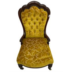 Victorian mahogany framed chair, upholstered in pale gold embossed fabric, fan shaped back