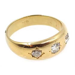  Gold three stone diamond gypsy ring, stamped 18c  