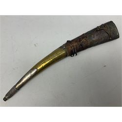 Late 19th/20th century Middle Eastern jambiya dagger the 36cm broad curved double edged steel blade with traces of script, horn and copper backed waisted white metal hilt with three roundel buttons; in ornate white metal and leather mounted brass and steel scabbard L60.5cm overall