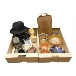 Quantity of carnival glass, silver plate and other metalware, Bowler hat by W.H.Co, wall mounted mirror and brush set, pewter and other carved treen etc in two boxes