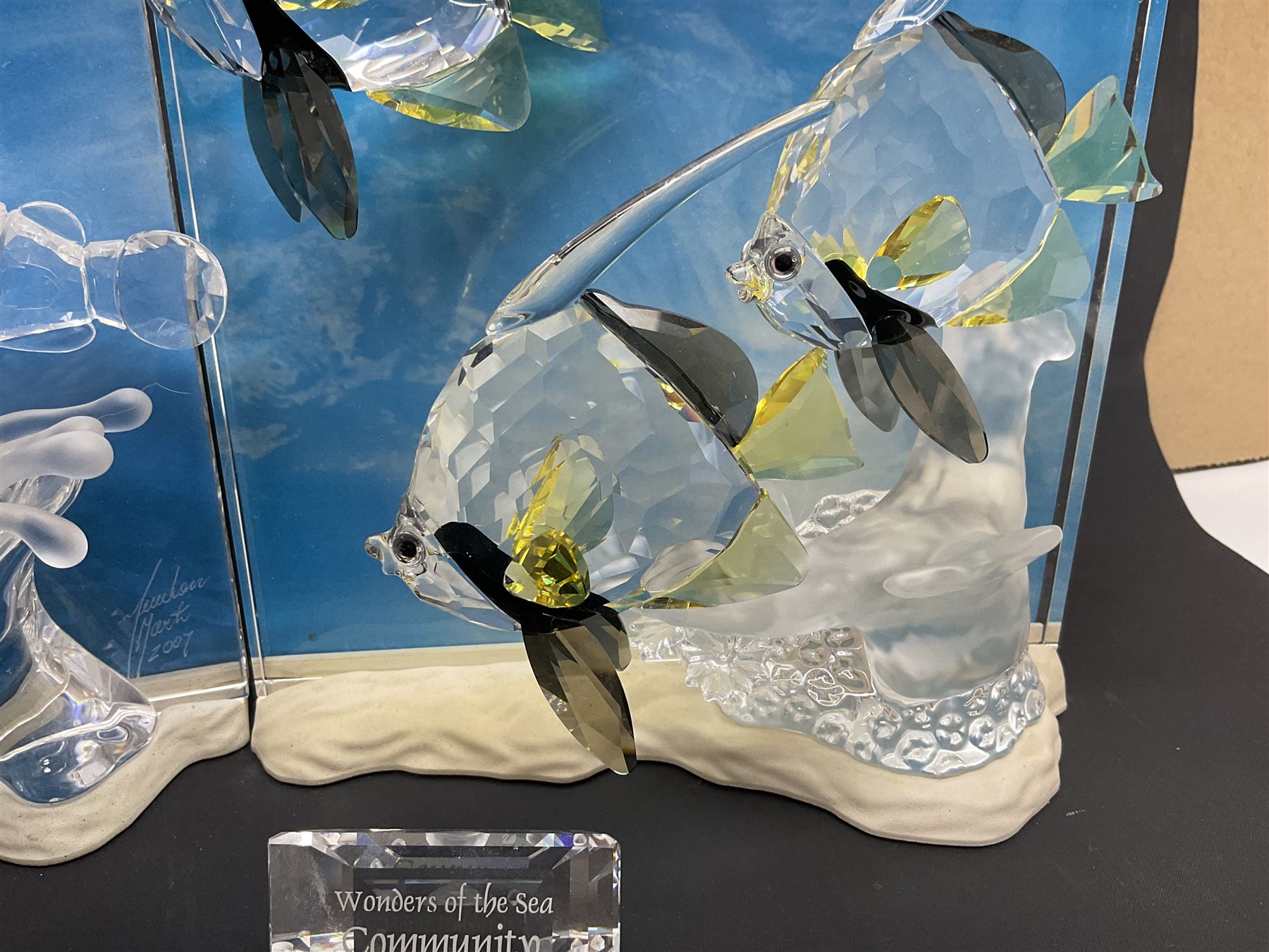 Swarovski Crystal, Wonders of the Sea Trilogy: 'Eternity', 'Community' and 'Harmony', all with stands and plaques, H20cm