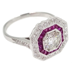  White gold ruby and diamond hexagonal shape ring, centre diamond approx 0.7 carat   