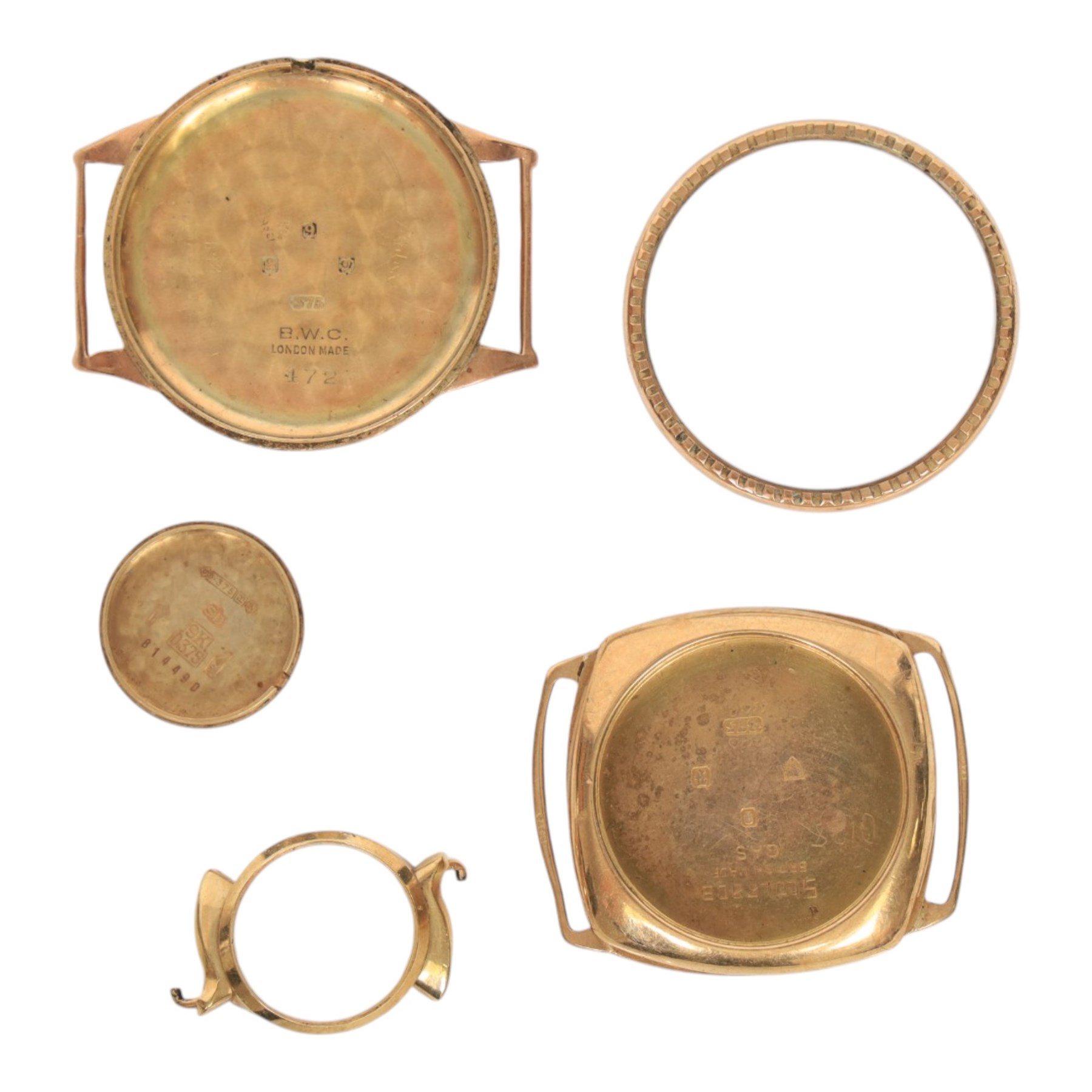 Collection of 9ct gold wristwatch cases, three with movements, one with 9ct gold bracelet strap