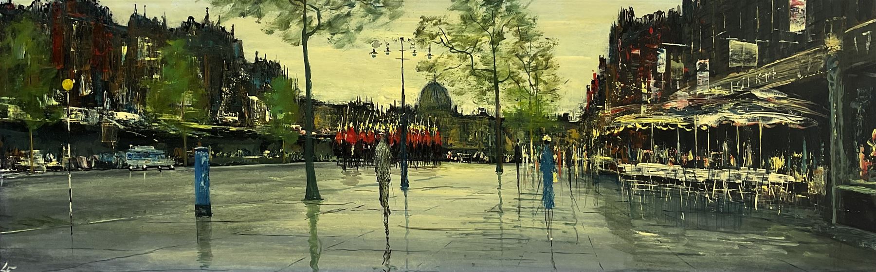 Leonard 'Len' Fenton (British 1926-2022): London Street Scene, oil on board signed with initials 19cm x 59cm
Notes: principally an actor, best known for his role as Dr. Harold Legg in EastEnders, Len Fenton was also an accomplished artist.