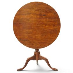 George III mahogany tilt-top tripod table, the circular figured top raised on a turned and tapering column with half-reeded lower section, over three splayed cabriole legs terminating in pad feet

Notes: several tables made by York cabinet maker John Walker for Harewood House share the same half reeded column, after the original drawing by Thomas Chippendale (c.f. The Life and Works of Thomas Chippendale, Christopher Gilbert, 1978, p.264)