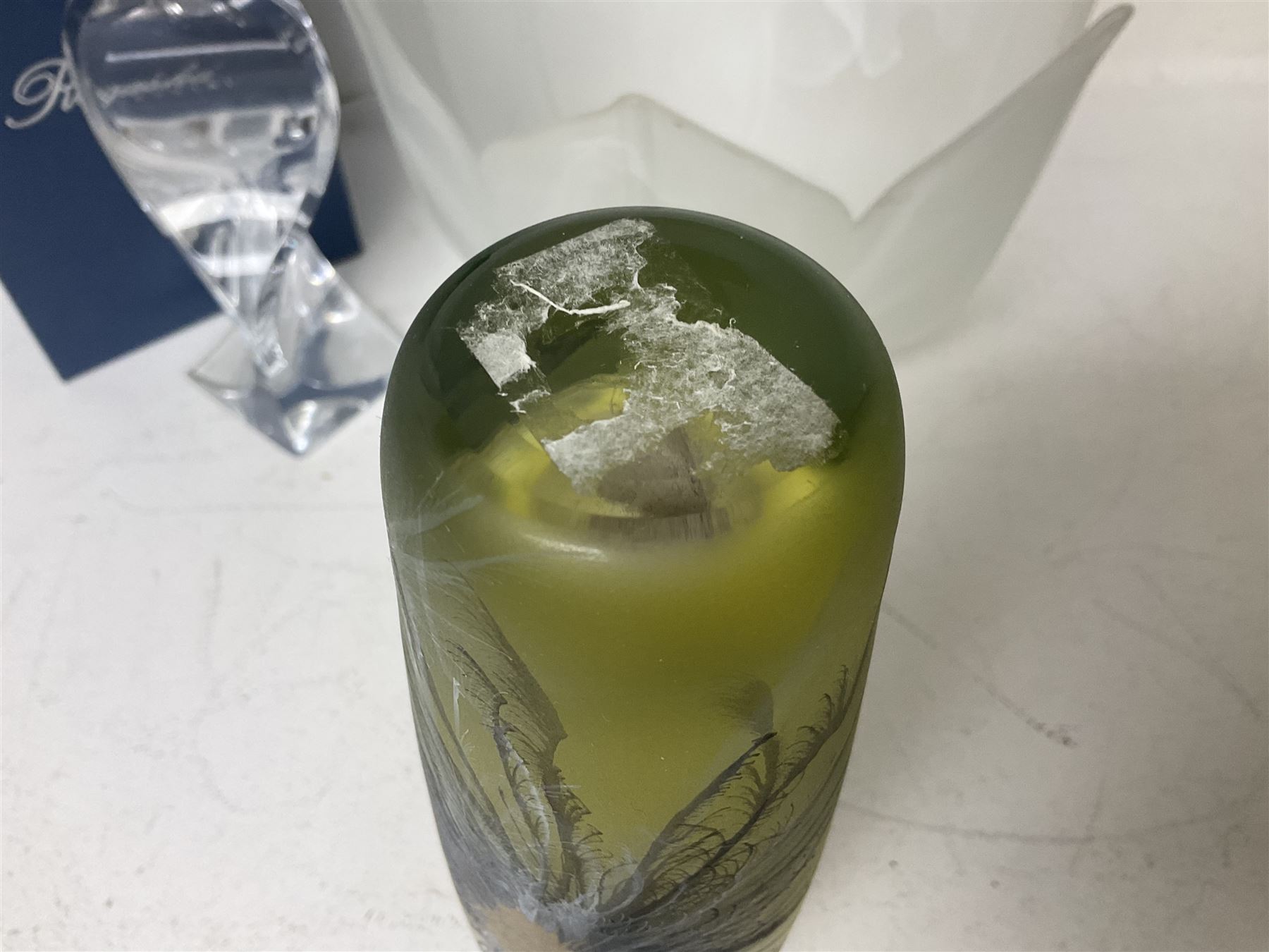 Late 20th century art glass, to include a Robert Held vase, of baluster form with iridescent swirl design, two frosted glass vases with peacock feather design on green and white ground, frosted glass tulip shaped bowl with smoke design and a Rogaska Crystal cobra candlestick, tallest vase 27cm