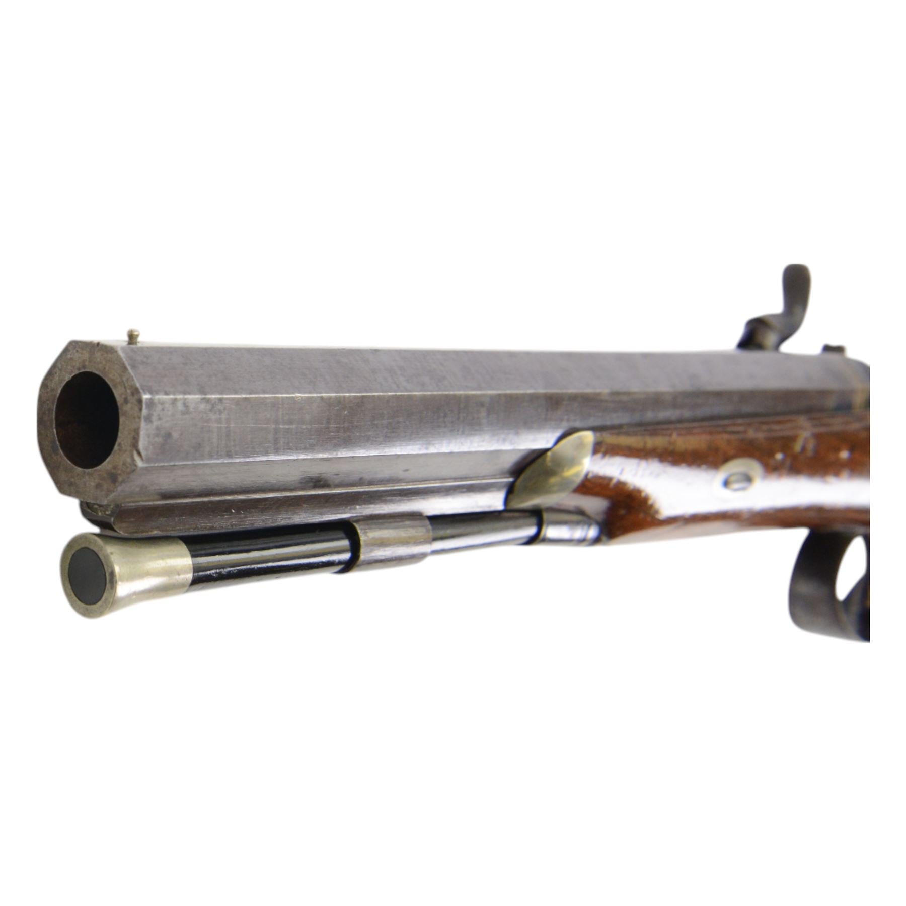 Pair of 19th century officer's duelling pistols, by William Chance & Son, with 25 bore sighted octagonal brown barrels, engraved London to the top, with gilt and platinum lines, foliate engraved tang, the back action lock plate signed and engraved with foliage, the walnut half stock, the trigger guard engraved with foliate and pineapple design, with ebony ramrods, in a brown velvet lined mahogany case, fitted with accessories including a copper pistol flask, a steel bullet mould, a tin of caps, lead balls, a cleaning rod with brass screw top