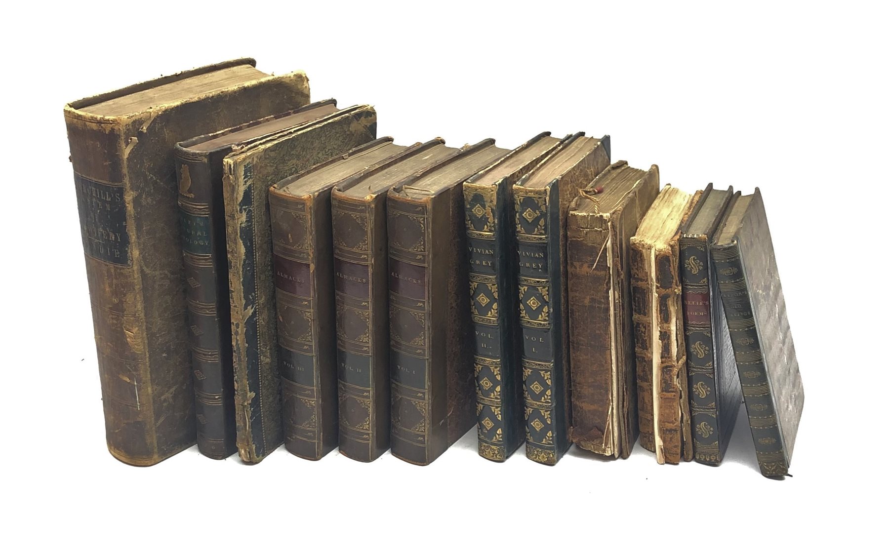  Twelve 18th and 19th century leather bound books including The Chevalier D'Arvieux's Travels in Arabia The Desert. 1718 Vivian Grey. 1826. Two volumes Almanack's - A Novel. 1827 Second edition. Three volumes Lord Byron The Giaour. 1813 Taylor Rev. I.: Scenes of British Wealth. 1825 etc  