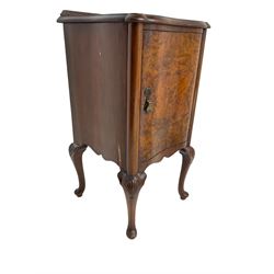 Early to mid-20th century burr walnut bedside cabinet, serpentine front, fitted with single cupboard door, raised on cabriole supports