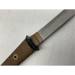 Japanese Tanto with 28.5cm steel blade and cord bound grip; in red spotted black lacquer saya containing a kogai knife with etched characters to the blade and ornate fern leaf and snake handle