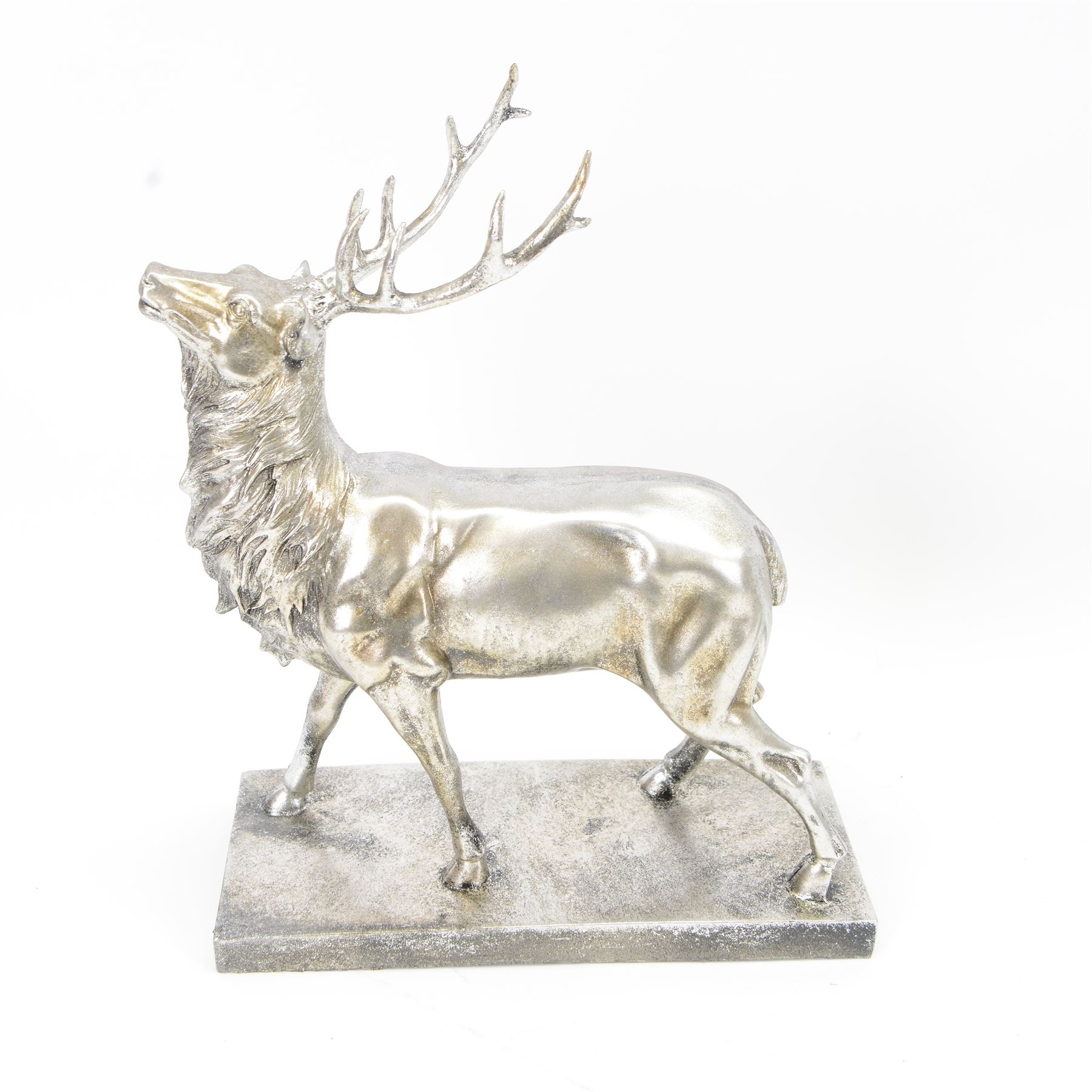 Pair of composite silvered stags, on rectangular base H37cm
