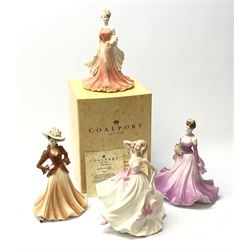 A group of four Coalport figurines, comprising limited edition The Flower Ladies Collection Lovely Iris, 90/250, with accompanying certificate, Ladies of Fashion Sue, with accompanying certificate, Ladies of Fashion Joan, and Ladies of Fashion Young Love, with one box.