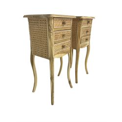 Pair hardwood bedside tables, shaped moulded top over three drawers, on cabriole supports 