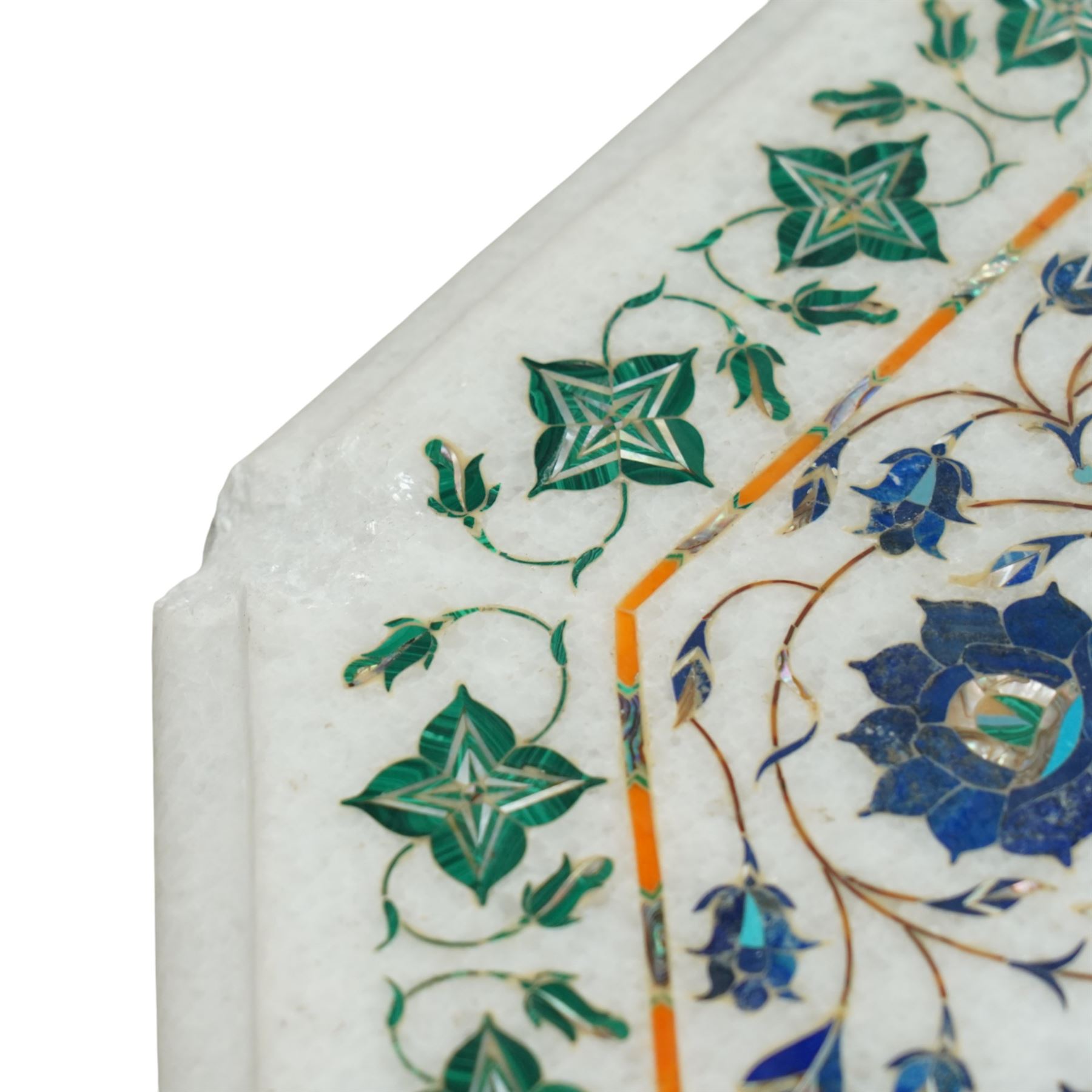 20th century Florentine design composite marble pietra dura centre table, octagonal white marble top inlaid with a polychrome foliate and floral medallion centred by a rosette, within a conforming floral border, raised on a faceted octagonal marble pedestal and stepped base