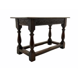 18th century style oak hall table, rectangular moulded top over foliate lunette carved frieze, on turned supports joined by stretchers 