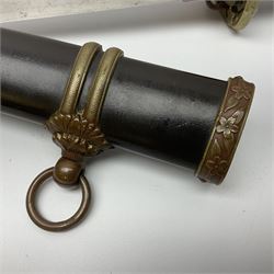 WW2 Japanese Army officer's shin gunto/katana sword with 68.5cm steel single edged blade, foliate cast brass tsuba, bound fish-skin grip with brass mounts, inscribed marks to both sides of tang; in lacquered wooden scabbard with brass mounts and locking button L97cm overall