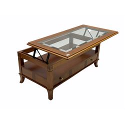 Cherry wood rectangular coffee table, rising glass top, follow through drawer