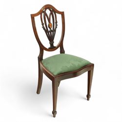 Hepplewhite design mahogany set of ten dining chairs, two carvers and eight dining chairs, with inlaid oval medallion to the vase splat, green upholstered drop-in seats, on square section tapering supports with spade feet, including two carvers