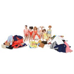 Collection of 1950s/60s Mattel Barbie dolls, including bubble cut Barbie circa 1962, with coral lips, blue eyeliner, red swimsuit and earrings, stamped 'JAPAN' to right foot, Fashion Queen Barbie, in gold and white swimsuit and headscarf, with three different wigs and a Ken doll circa 1961 in red striped shirt and shorts, together with a large quantity of 1960s Barbie and Sindy clothing, two doll stands and booklets