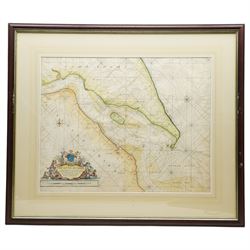 Captain Greenville (Greenvile) Collins (British 1643-1694): 'The River Humber', late 17th century engraved map or sea chart with hand-colouring showing Hull and coasts of Yorkshire and Lincolnshire pub. c1693, 45cm x 56cm
Notes: Collins was a hydrographer and officer of the Royal Navy, commissioned by King Charles II in 1676 and appointed by Samuel Pepys to chart the coasts of Great Britain.