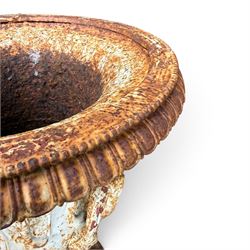 Andrew Handyside - pair of 19th century best quality cast iron garden urns, individually detailed in relief Allegorical Figures and Helaldic Swans, campagna form with twin handles, detail under rim, raised on circular fluted base