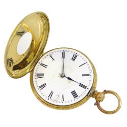 Victorian 18ct gold half hunter ladies key wound cylinder pocket watch, white enamel dial with Roman numerals, back case engraved and engine turned with flower decoration, stamped 18K