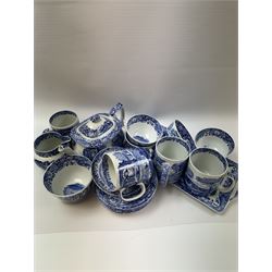Spode Italian pattern tea service, comprising teapot, milk jug, open sucrier, six cups and saucers, two coffee cans and saucers, six dessert plates, four mugs and a sandwich plate (30) 