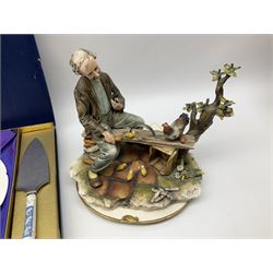 Capodimonte figure of a man feeding chickens, together with a boxed Coalport Revelry pattern cake serving plate and matching serving slice