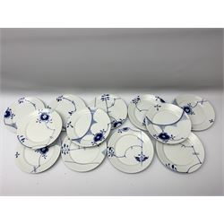 Royal Copenhagen tea and dinner service for twelve place settings, decorated in the Mega Blue Fluted pattern, pattern number 622, comprising dinner plates, salad plates, bowls with pierced rim, smaller bowls, tea cups, and saucers, dinner plates D27.5cm, salad plates D22cm
