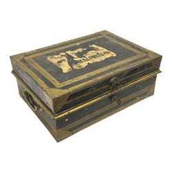 Black metal deed box, decorated with gilt banding and brass fixtures, with twin handles, the hinged lid with label remnants lifting to reveal blue compartmented interior with lift out tray containing lockable box, and a writing stand with two inkwells