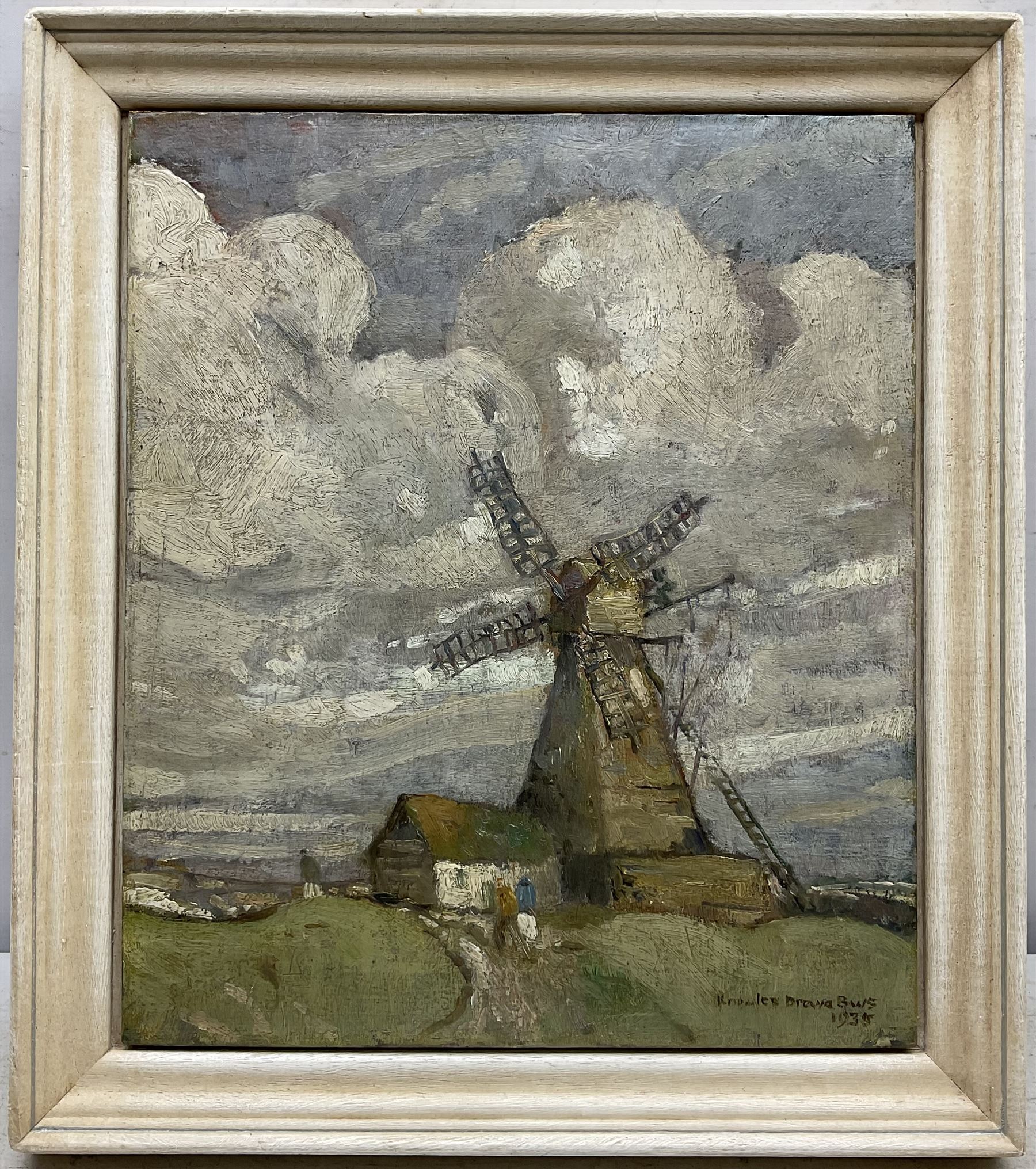 Reginald Frank Knowles Drewe (British 1878-1951): Windmill under Heavy Clouds, oil on artist's board signed and dated 1935, 36cm x 30cm