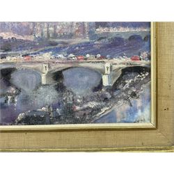 Circle of Walter John Beauvais (British 1942-1998): Houses of Parliament, oil on canvas board indistinctly signed 29cm x 39cm