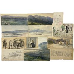 English School (19th century): Seascapes Landscapes & Figure Studies, collection watercolours and pencil sketches some signed and dated max 12cm x 26cm (13)