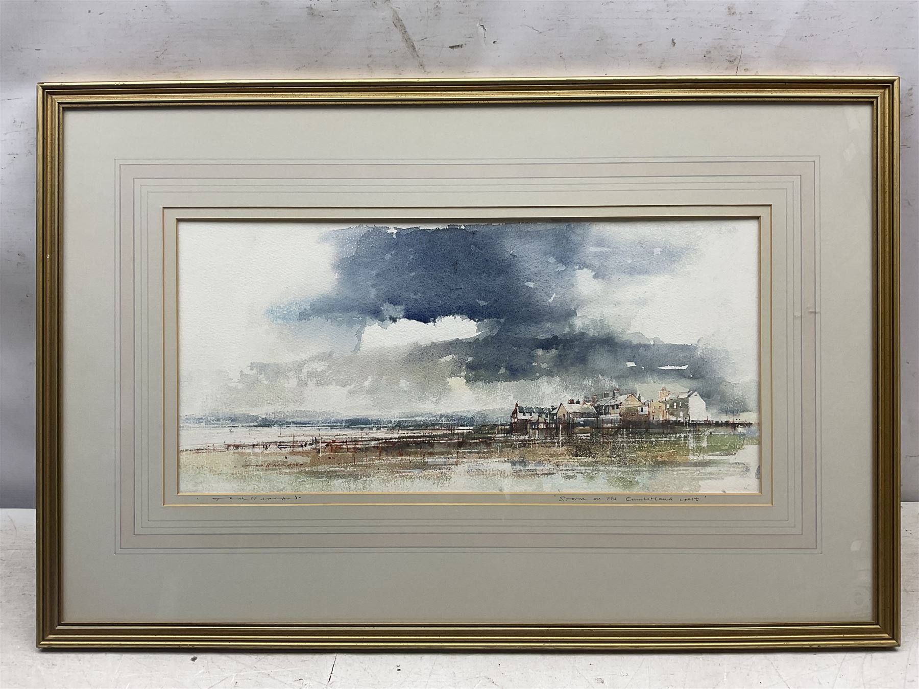 Tom Harland (Yorkshire 1945-2012): 'Storm on the Cumberland Coast', ink and watercolour signed, titled and signed on the mount 24cm x 51cm 