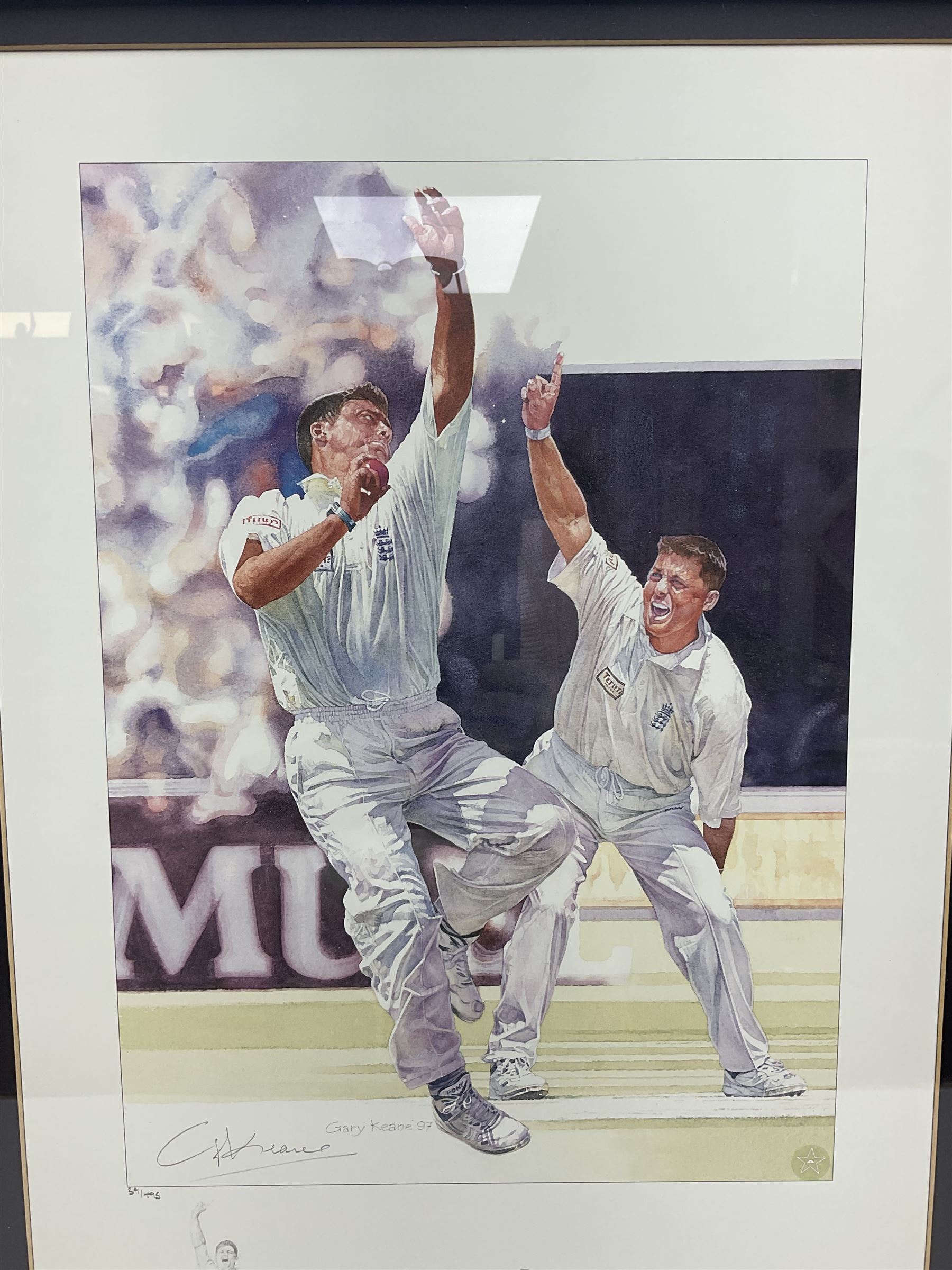 Two signed Yorkshire County cricket bats, bearing signatures including Anthony McGrath, Jacques Rudolph, Michael Vaughn and Matthew Hoggard, etc, both within glazed presentation boxes, box H86.5cm, together with a framed Darren Gough signed presentation print by Gary Keane