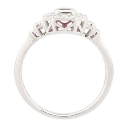 Platinum ruby and diamond ring, single octagonal cut ruby of approx 0.60 carat, with milgrain set round brilliant cut diamond surround and baguette cut diamond shoulders, hallmarked, total diamond weight approx 0.45 carat